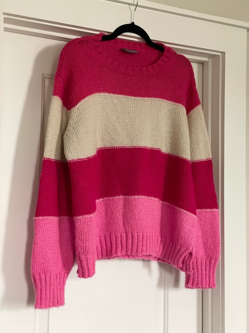Wooden Ships Pink Ivory Striped Knit Pullover Sweater Acrylic Mohair Wool M/L